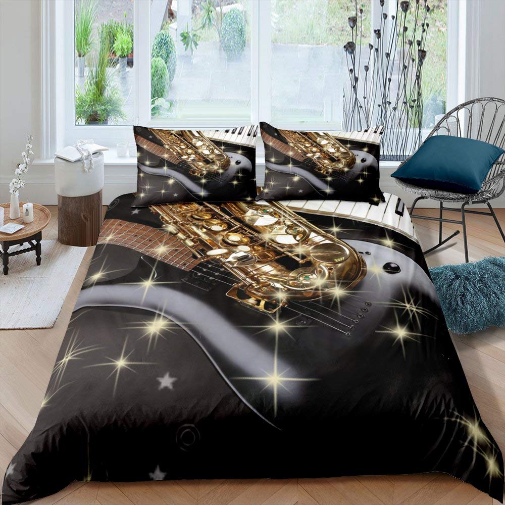 Saksofon Zestaw Poszewki na Kołdrę Obracające się Nuty Muzyczne Zestaw Pościeli Instrument Muzyczny Motyw Retro Muzyki Jazzowej Pojedyncza Poszwa na Kołdrę Dla Dzieci