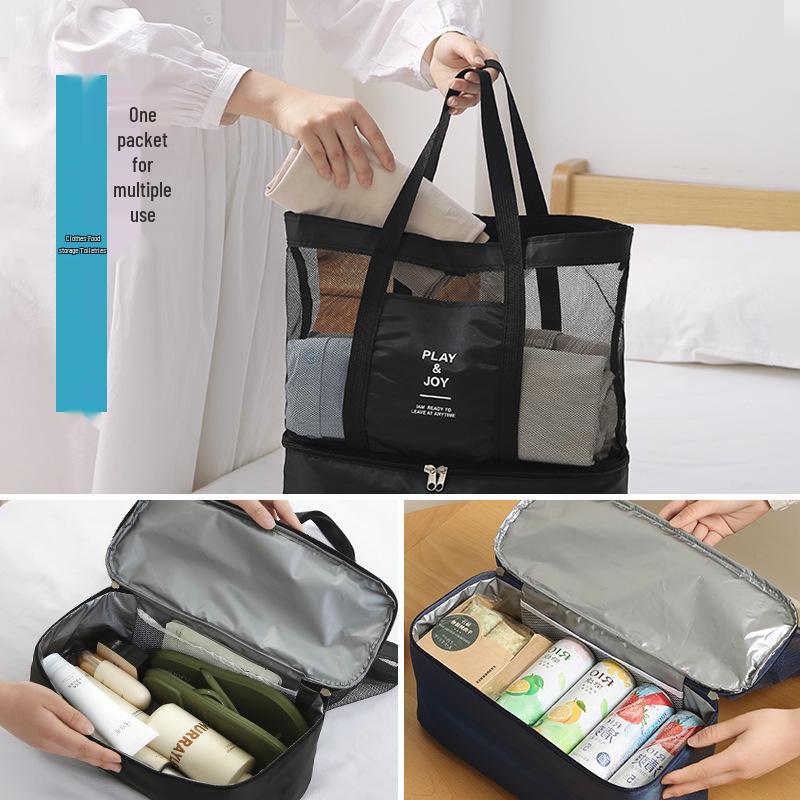 Waterproof Mesh Beach Bag, Large Capacity, Dry/Wet Separation, Double Layer, Portable Picnic Bag, Multifunctional and Simple Design.