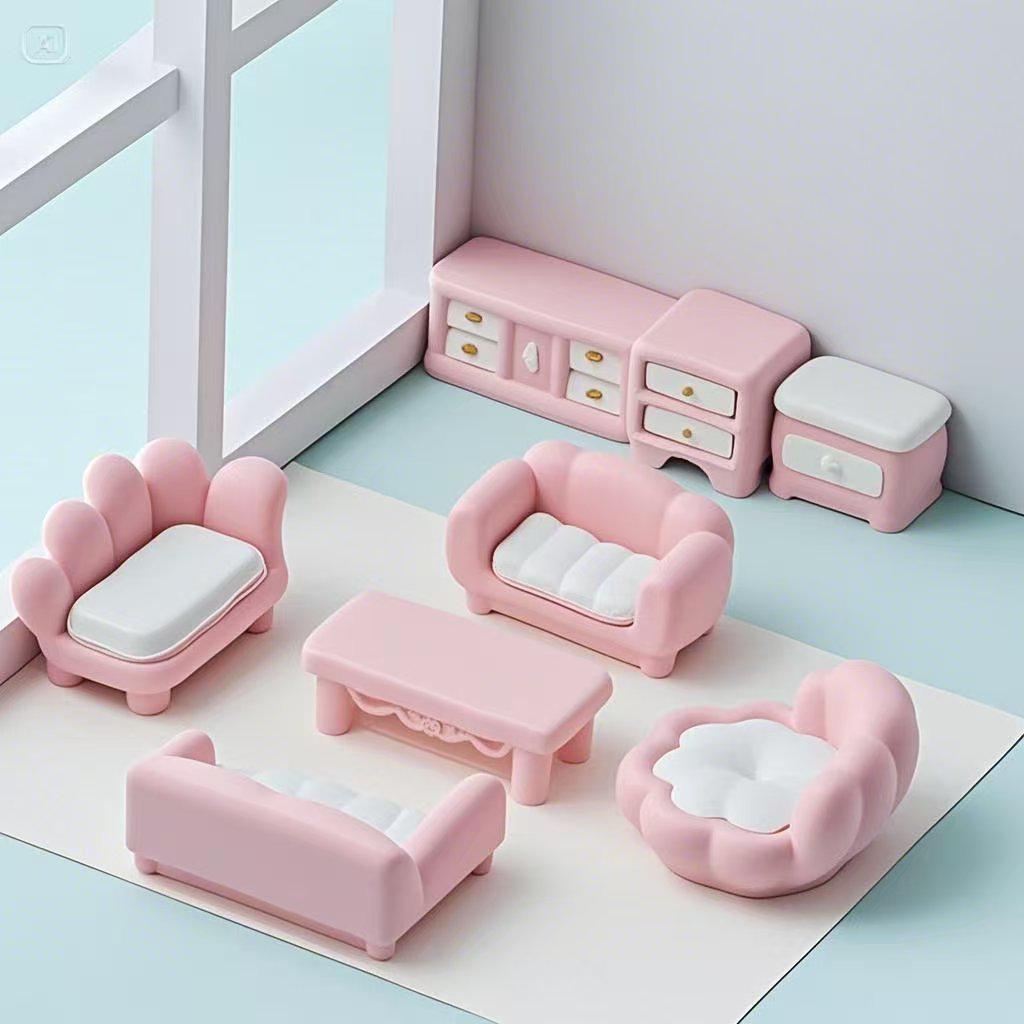 Ręcznie robiony różowy mini zestaw do salonu: Sofa, Łóżko, Stół, Szafa i Wystrój Domku dla Lalek