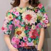 Moda Donna Girocollo Manica Corta Stampa Floreale 3D T-shirt a Manica Corta Girocollo con Fiori Colorati