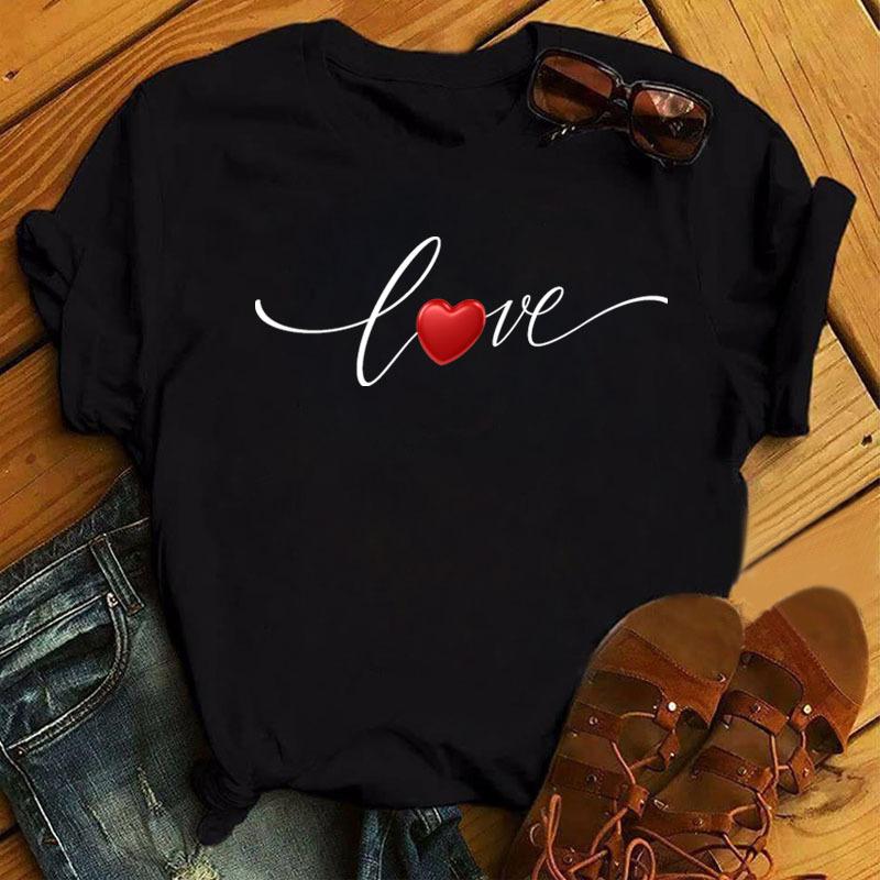 Summer Love Love Printed Fashion Cartoon White Loose Round Neck Pure Cotton Short Sleeved Top T-Shirts Women’s