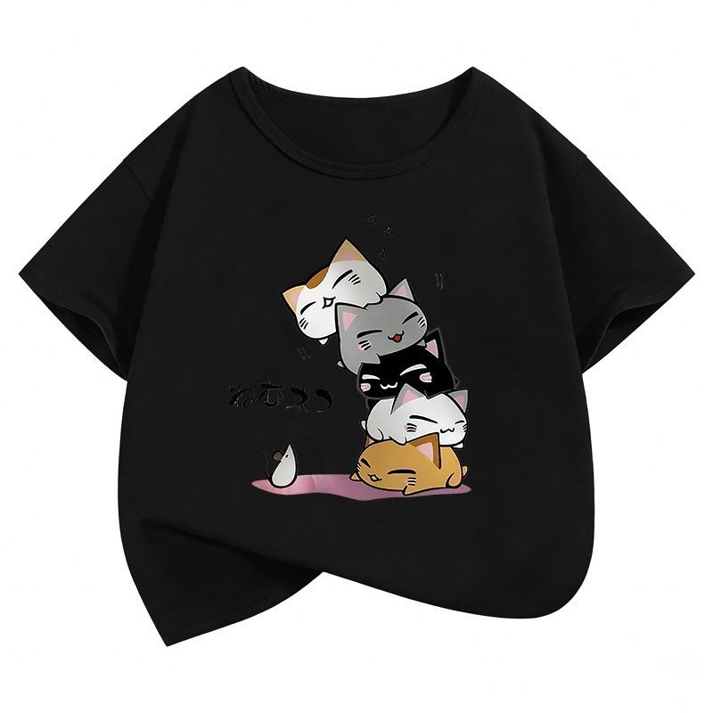 Y2K Funny Cat Graphic Kids Tshirts Summer Short Sleeve Tees Cartoon Boys Girls Clothes Kawaii Tops Children T-shirt