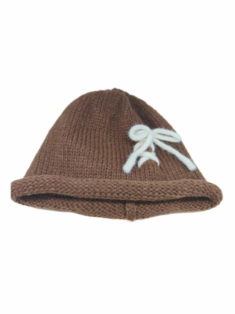 Literary bow decorative sleeve knitted hat thick needle crimped women's cold hat autumn and winter thickened wool hat