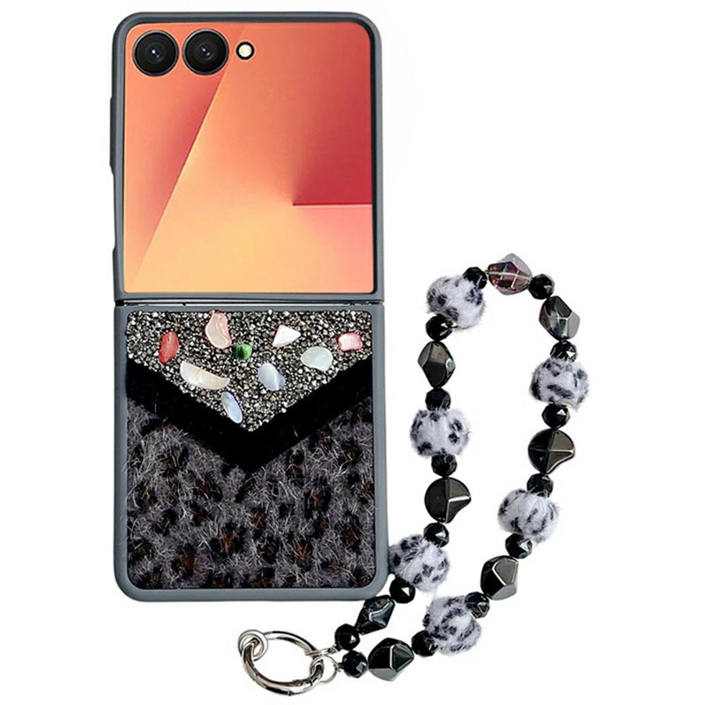For Samsung Galaxy Z Flip7 5G Case Stone Decor Glitter Leopard Splicing Plush PC Phone Cover with Hand Chain