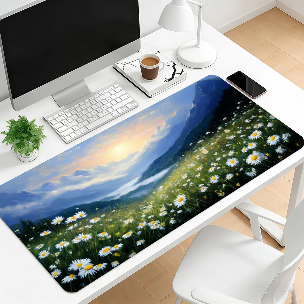 Natural Daisy Meadow Large Extended Gaming Mouse Pad Non Slip Desk Surface Sunrise Landscape Print For Gaming And Office Setup