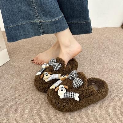 Cute Cartoon Puppy Hair Slippers Women Wear 2025 Autumn and Winter New Girl Heart Versatile Word Slippers Women