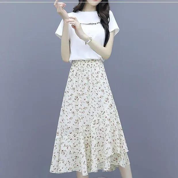 

Женский комплект в нежном стиле на весну и лето, футболка с круглым вырезом + полуюбка из шифона, свежий и повседневный комплект из двух предметов S