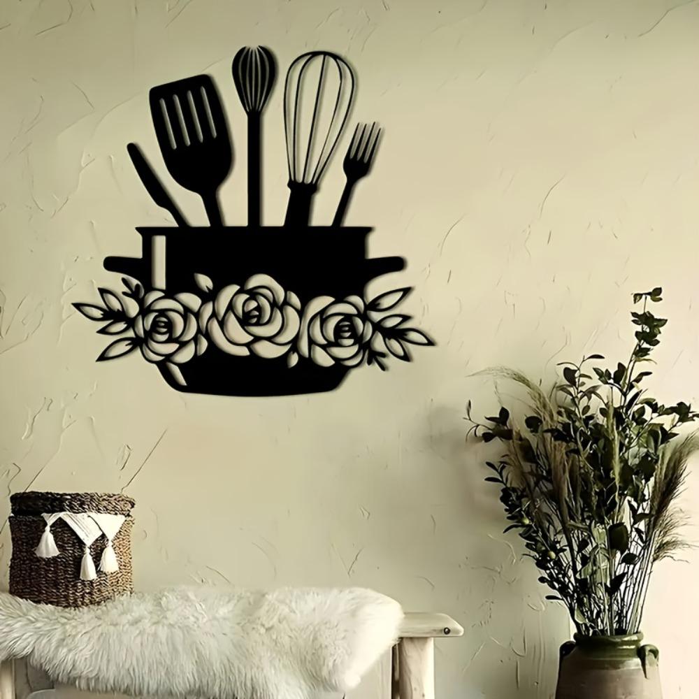 Metal Wall Art Kitchen Decor Black Iron Floral Utensils Durable Easy Install