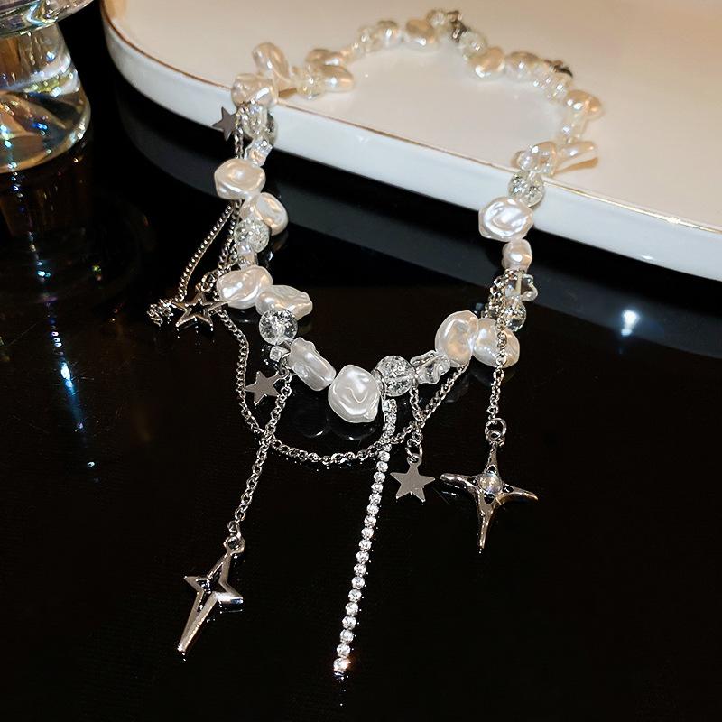 Cold metal wind, pentagram, diamond-encrusted pearl necklace, personalized stacking, high-grade collarbone chain necklace