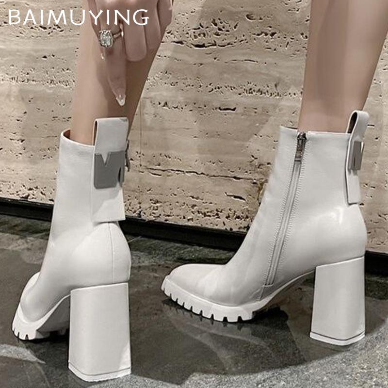 Spitze Zehenpartie Klobige Damen-Stiefeletten Sexy Leder High Heels Winterschuhe Trend Mode Goth Pumps Chelsea Botas De Mujer