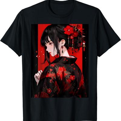 Aesthetic Cyberpunk Anime Manga Red Lily Flower T-Shirt(2)