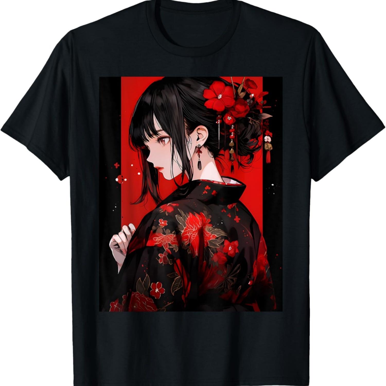 Эстетичная киберпанк аниме манга красная лилия футболка(2) S чёрный