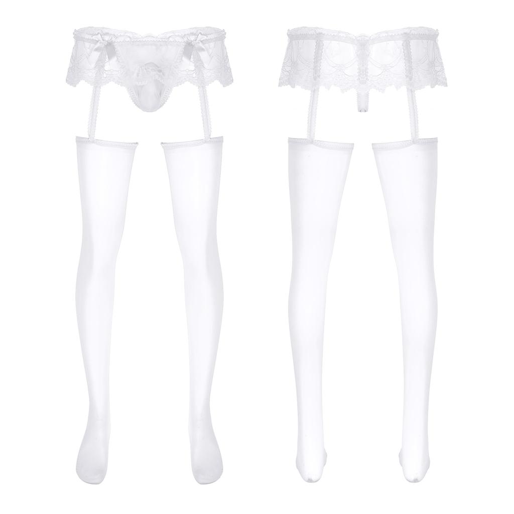 Mens Exotic Sheer Lace Briefs with Stocks Cutout Pantyhose Bulge Pouch G-Strings Glossy Garters Leggings Sissy Nightwears Party