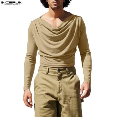 Men Swing Collar Long Sleeve Solid Color Fitted Cropped Casual T-shirts Undershirts