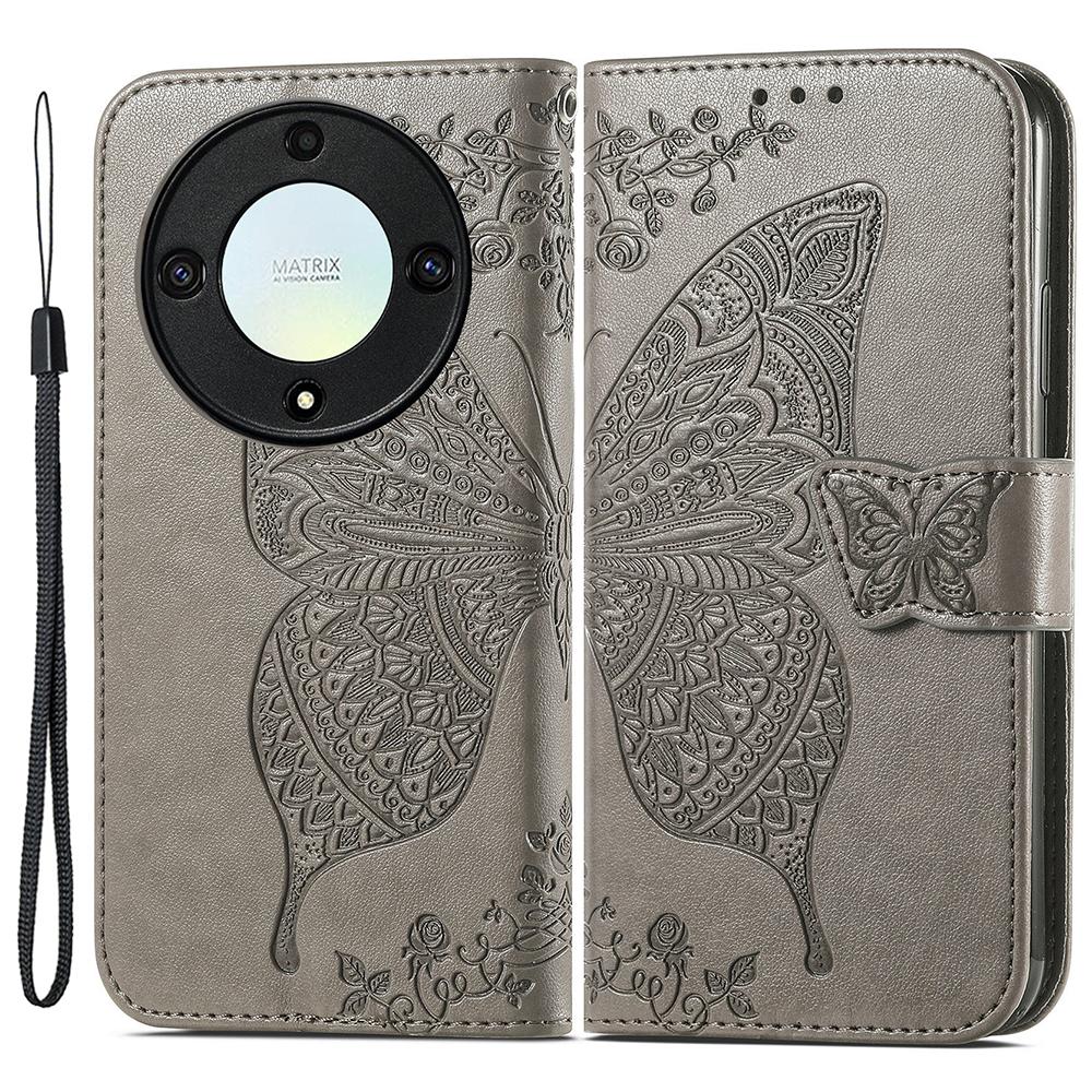 

Кожаный чехол для Honor X40 5G/X9a 5G/Magic5 Lite 5G Чехол-книжка с бабочкой для телефона Кошелек Слоты для карт Grey