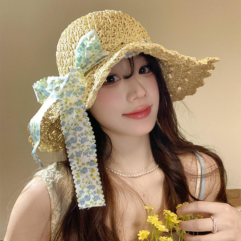 Floral Bow Woven Straw Hat Women'S Summer French Hollow Sunshade Sunscreen Hat Seaside Beach Vacation Sun Hat