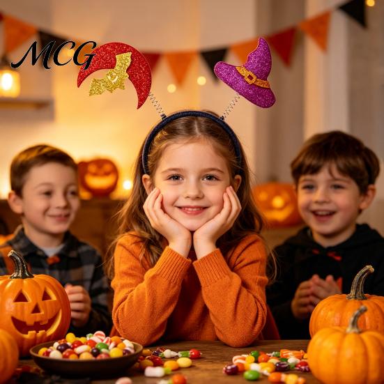 Festive Halloween Decoration Headband for Kids Adults, Glitter Pumpkin Bat Ghost Adjustable Hairband Skull Hair Accessories Cosplay Dress Up