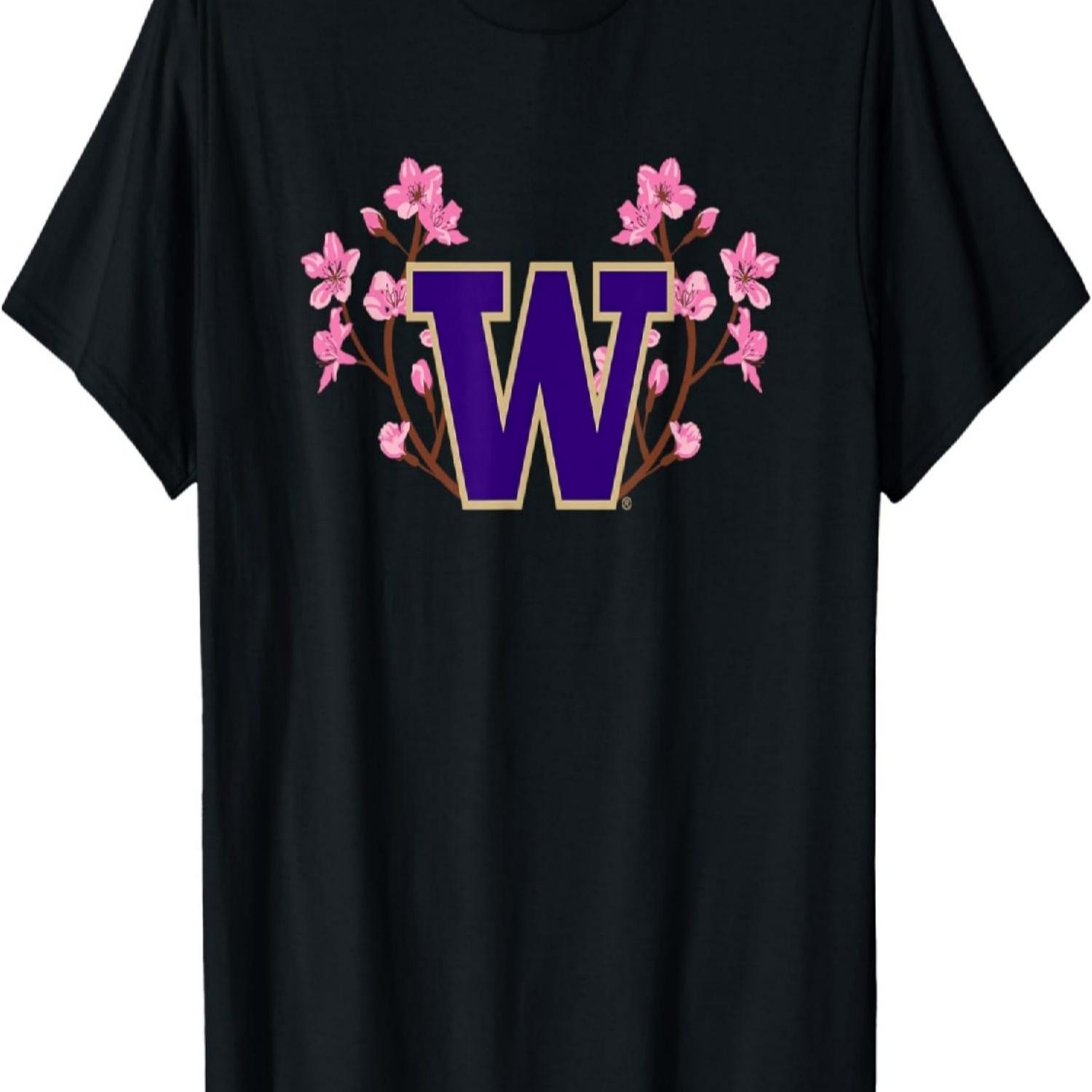 Washington Huskies Cherry Blossoms Unisex-Adults Black Short Sleeve V-Neck T-Shirt S S чёрный
