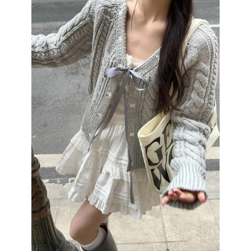 Autumn Korean Fashion Grey Cardigans Women Sweet Hot Girl Bow Bandage Coquette Knitted Sweater Mujer Casual Long Sleeve Tops New