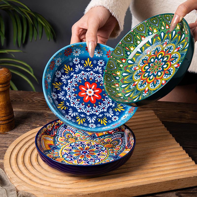 Bohemian Hand Painted Ceramic Plate 7/8 Inch, Colorful Mandala Porcelain Dinner Plate, Vintage Decorative Serving Dishes for Kitchen Dining Home Decor