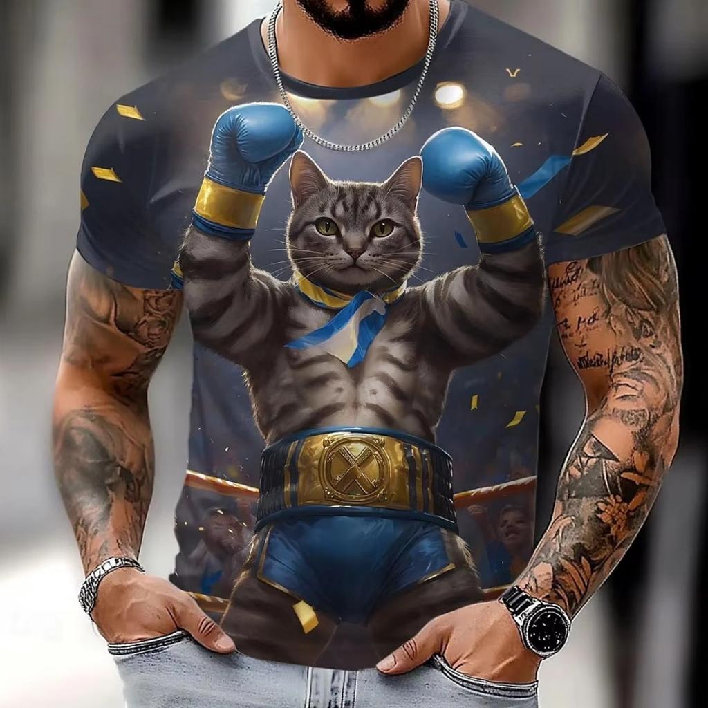 Men's T-shirt Outdoor Casual Summer Round Neck Tops Short Sleeve 3D Cat Printed Pattern Polyester Loose Men's Clothing
