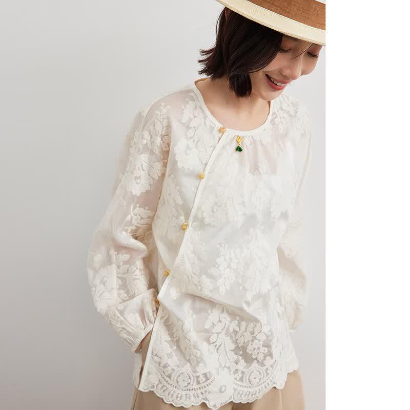 Women s New Chinese Style Embroidered Tencel Blend Shirt M