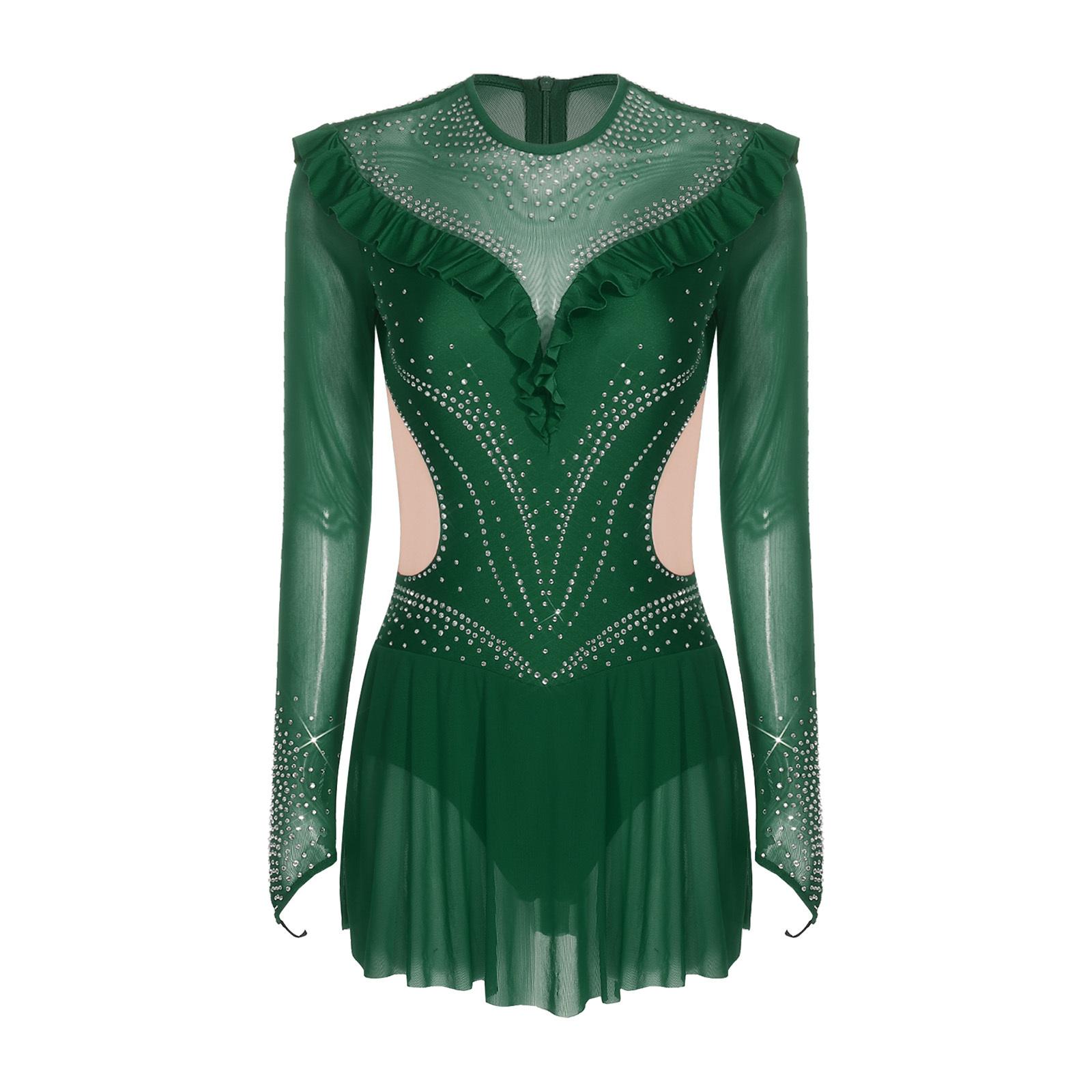 

Womens Rhinestone Mesh Leotard Long Sleeve Ruffled Trims Mesh Skirt Bodysuit Dress Figure Skating Jumpsuit M темно-зелений колір