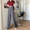 Kostkované dámské kalhoty Vintage široké kalhoty Kalhoty Dámské Ležérní Vysoký pas Korejský styl Rovné Streetwear Kalhoty Kalhoty