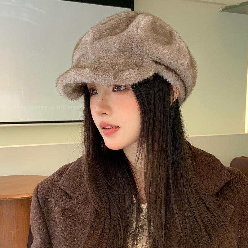 Autumn and Winter Hat Women's New Plush Cap Fashionable Warm Windproof Ear Hat Imitation Fur Octagonal Hat