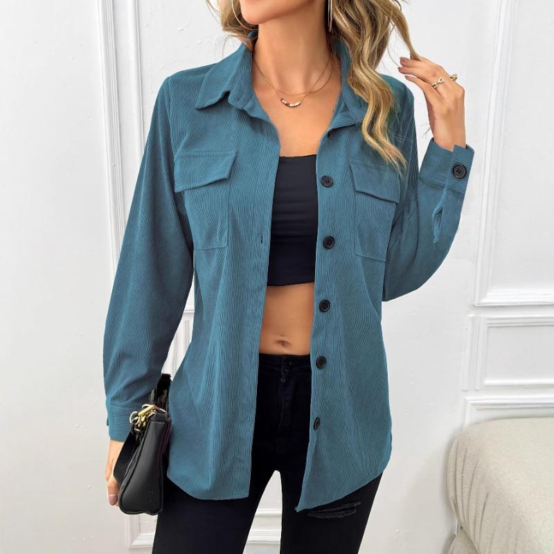Damen S Vintage Corduroy Hemdjacke mit Umlegekragen, langen Ärmeln und Taschen