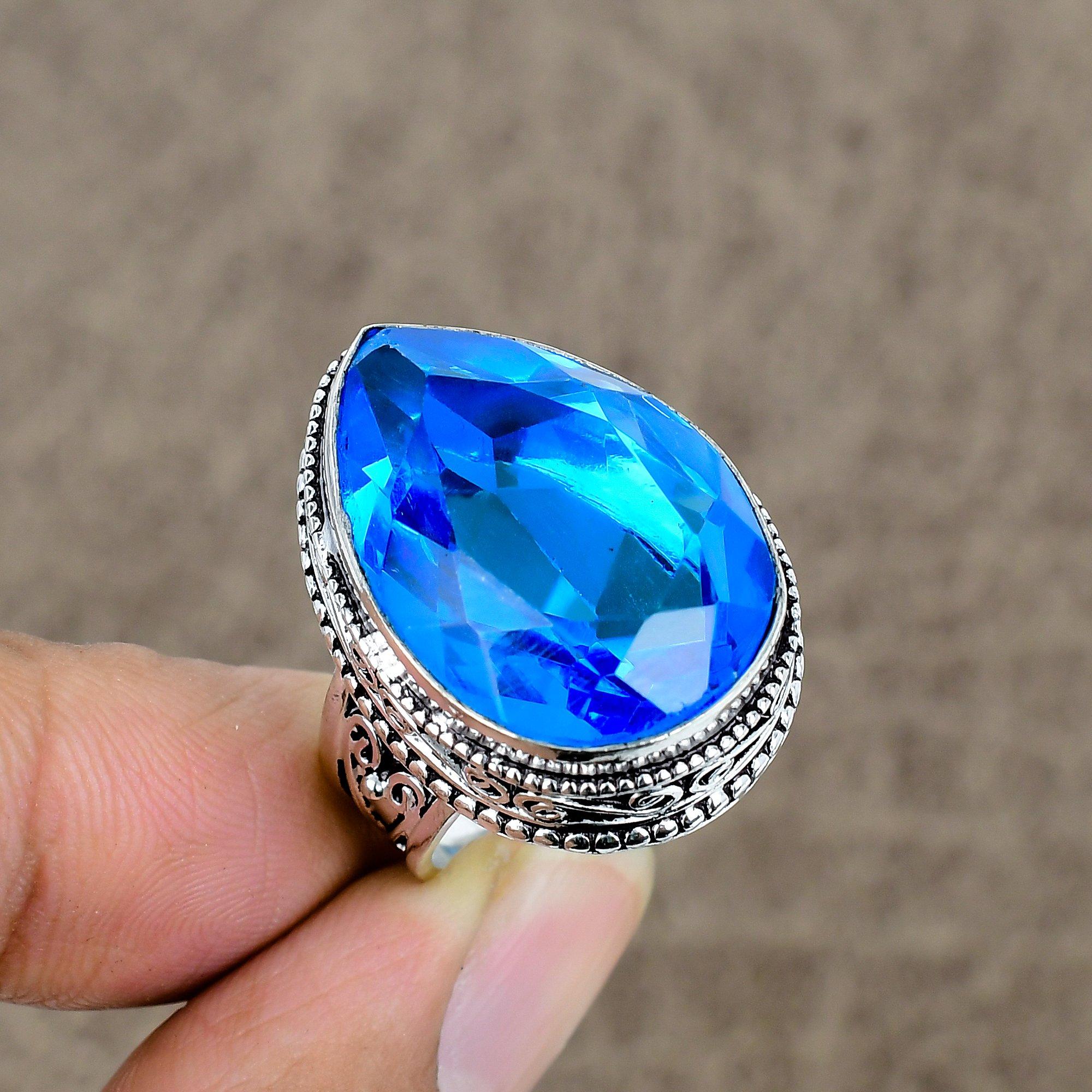 

Blue Topaz Genstone Handmade 925 Sterling Silver Jewelry Ring Size 7.5 KKG-467