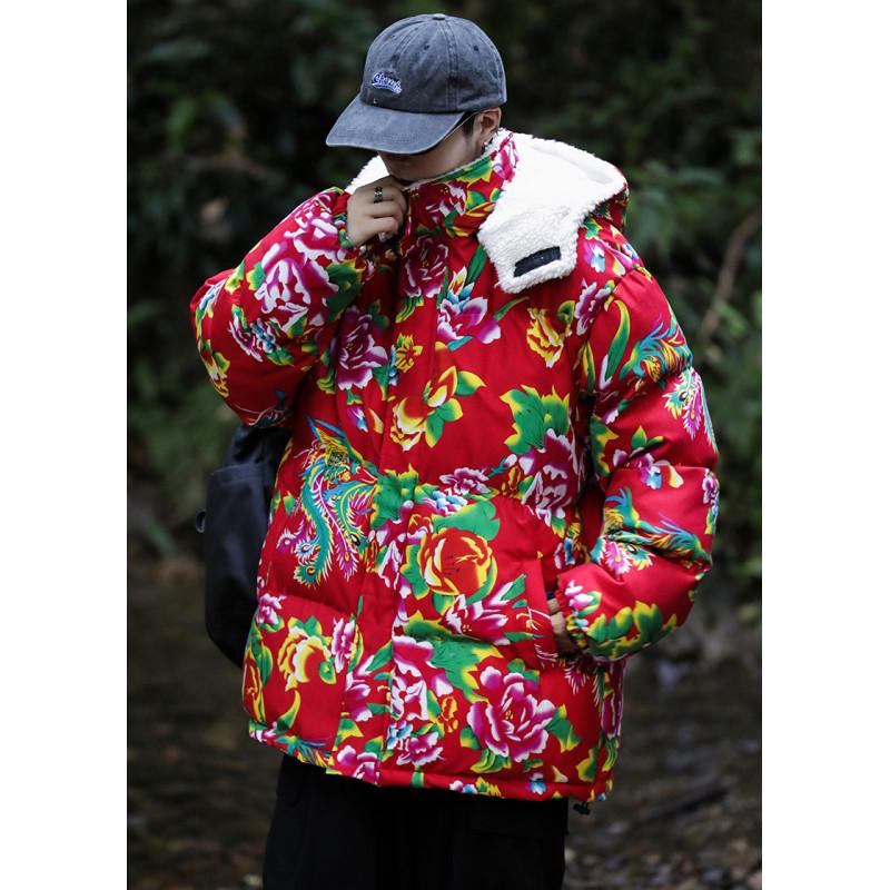 A1 Hanfu Team Uniform: Warm Couple's Lambswool Coat with Detachable Hood, Chinese Style, Cold-Protection, Big Flower Design.