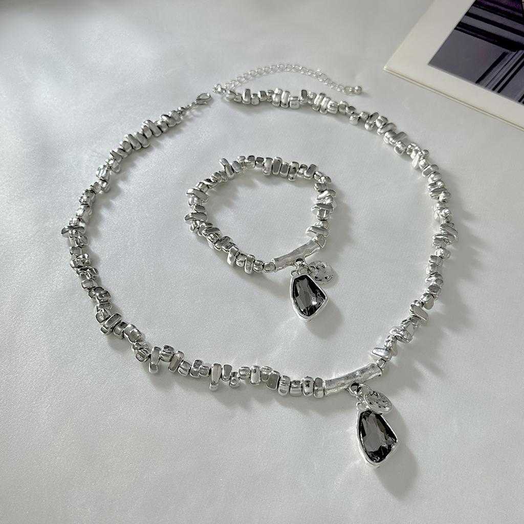 Salircon Modisch Elegant Schwarzer Zirkon Anhänger Halskette Silber Farbe CCB Perlen Armband Set Damen Exquisit Mujer Y2K Schmuck Geschenk
