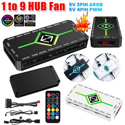 1 To 9 3 In 1 4 Pin PWM Magnetic Suction Hub with Remote PWM Magnetic Fan Hub Splitter PWM ARGB Fan Hub for Computer PC Case Fan
