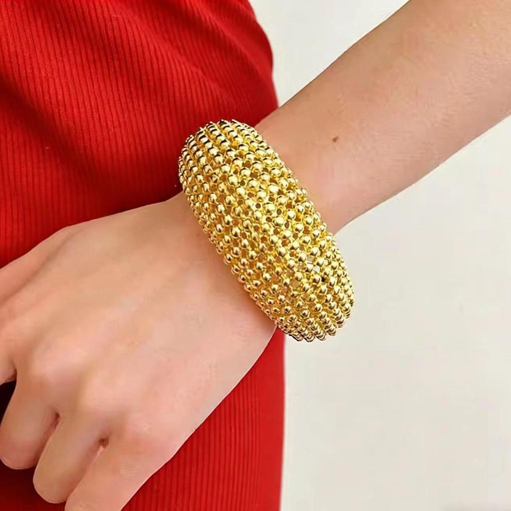 European Two-Tone Gold & Silver Wide Metal Bracelet for Women, Bean Texture, Open Cuff, Niche High-End Feel