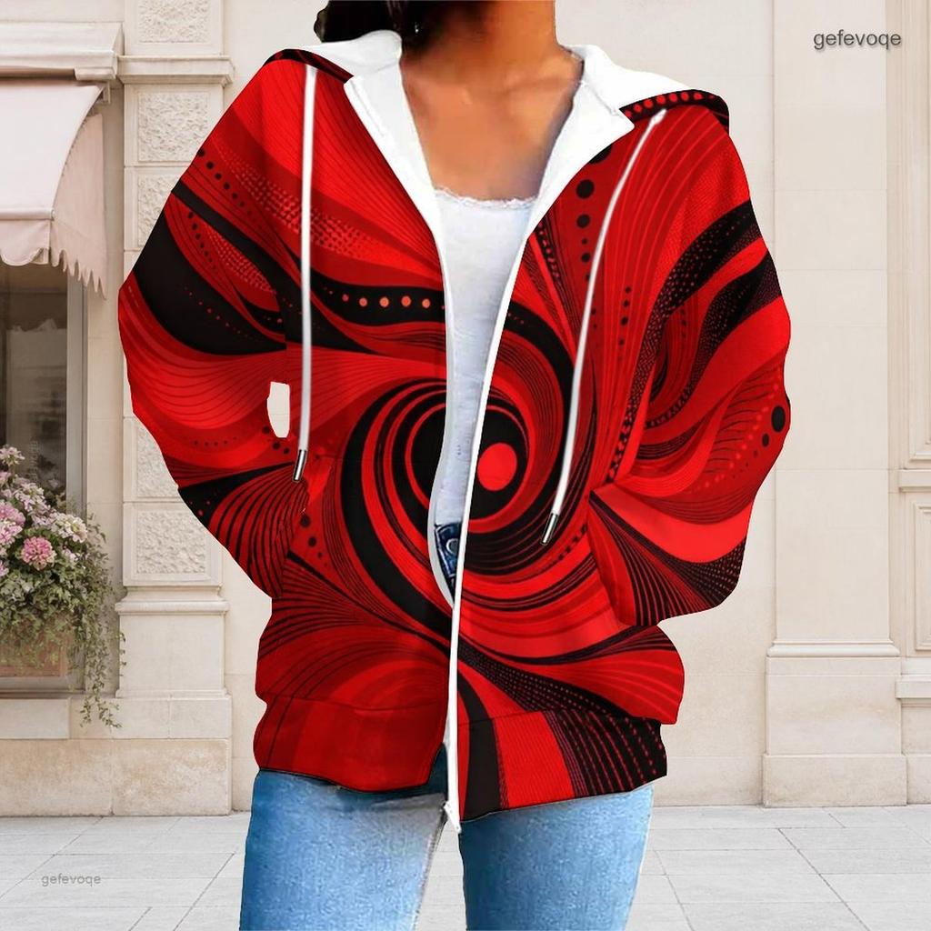 Women Plus Size Long Sleeve Zip Up Hoodie Red Black Abstract Printed With Drawstring Hood And Pockets