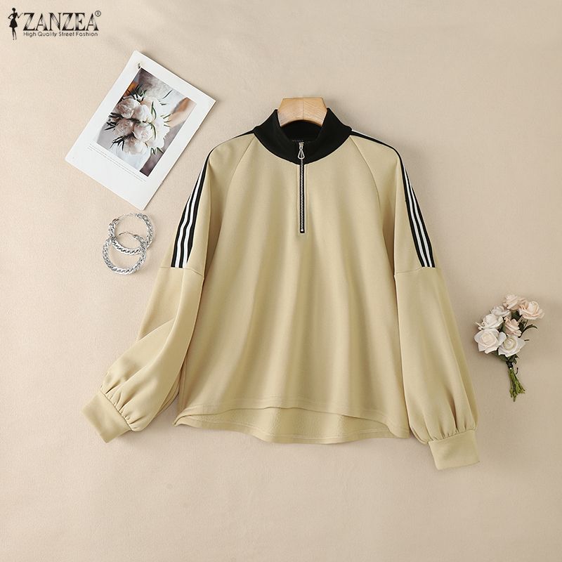 ZANZEA Women Casual Stand Collar Splice Long Sleeve Blouse Tops