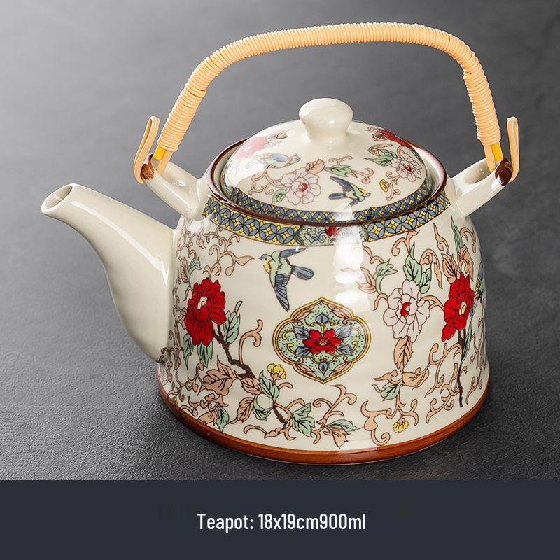 Ceramic Blue and White Teapot with Handle, Large Capacity Retro Herbal Tea Pot, Single Filter, Suitable for Household and Restaurant Use.