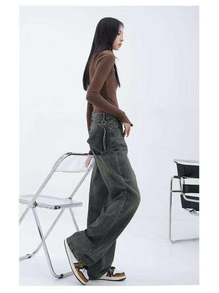 2025 Autumn/Winter Distressed High-Waisted Straight-Leg Women's Wide-Leg Jeans