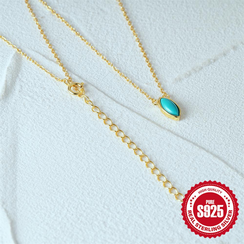 Simple And Stylish S925 Sterling Silver Gemstone Turquoise Exquisite Necklace Collarbone Chain Retro Necklace