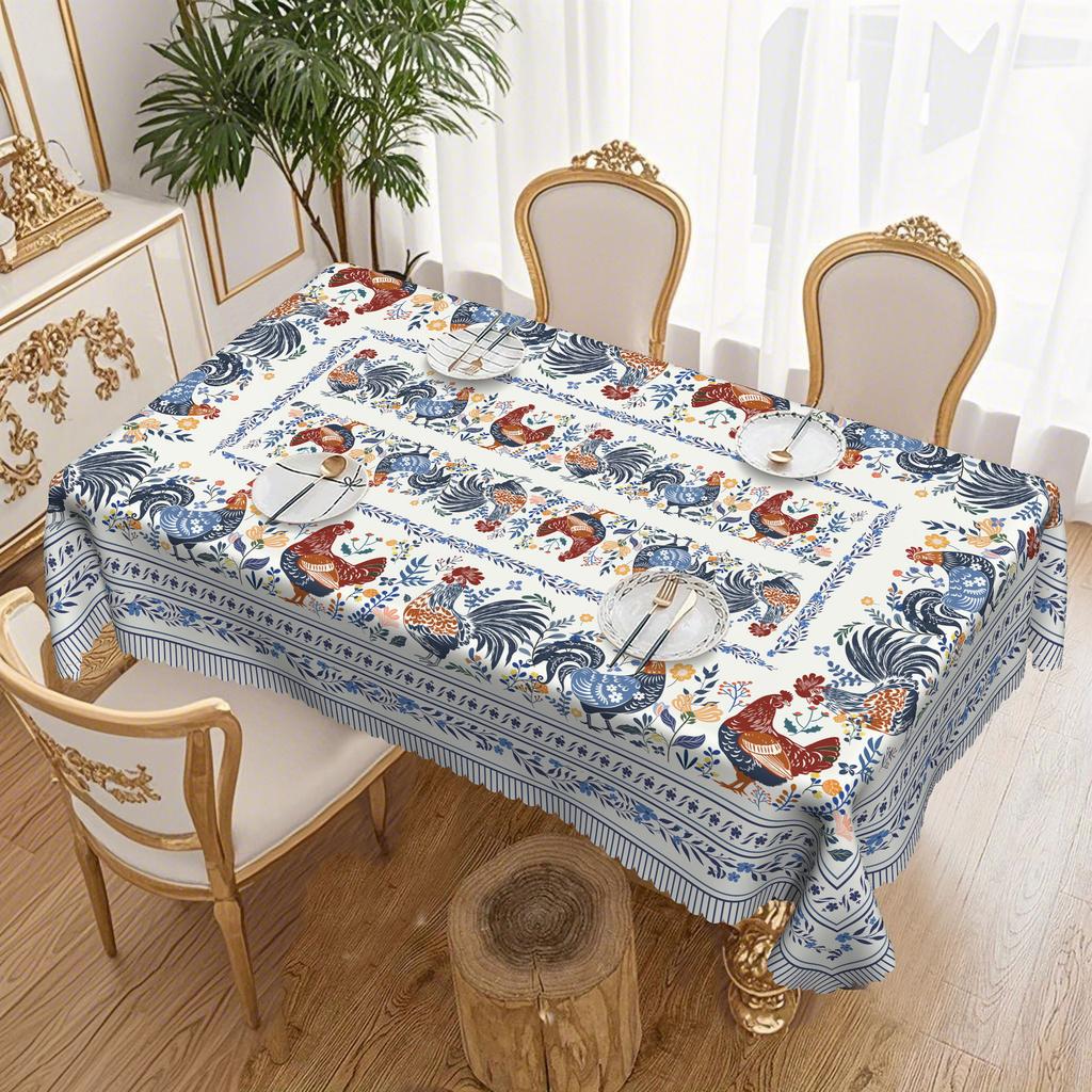 Vintage Cock Printed Tablecloth - Rustic Floral Design With Blue And Brown Accessories, Mechanism Polyester Fabric