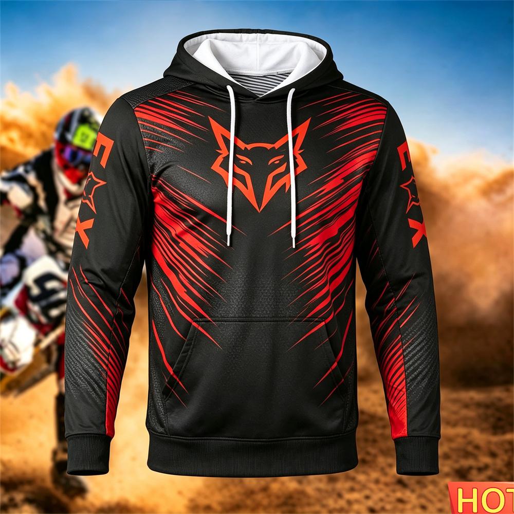 Autumn/Winter Men's Racing Hoodie Outdoor Cycling Hooded Pullover Fox Pattern Pocket Hoodie Sports Motorcycle Hooded SweatshirtsUnisex Woman's