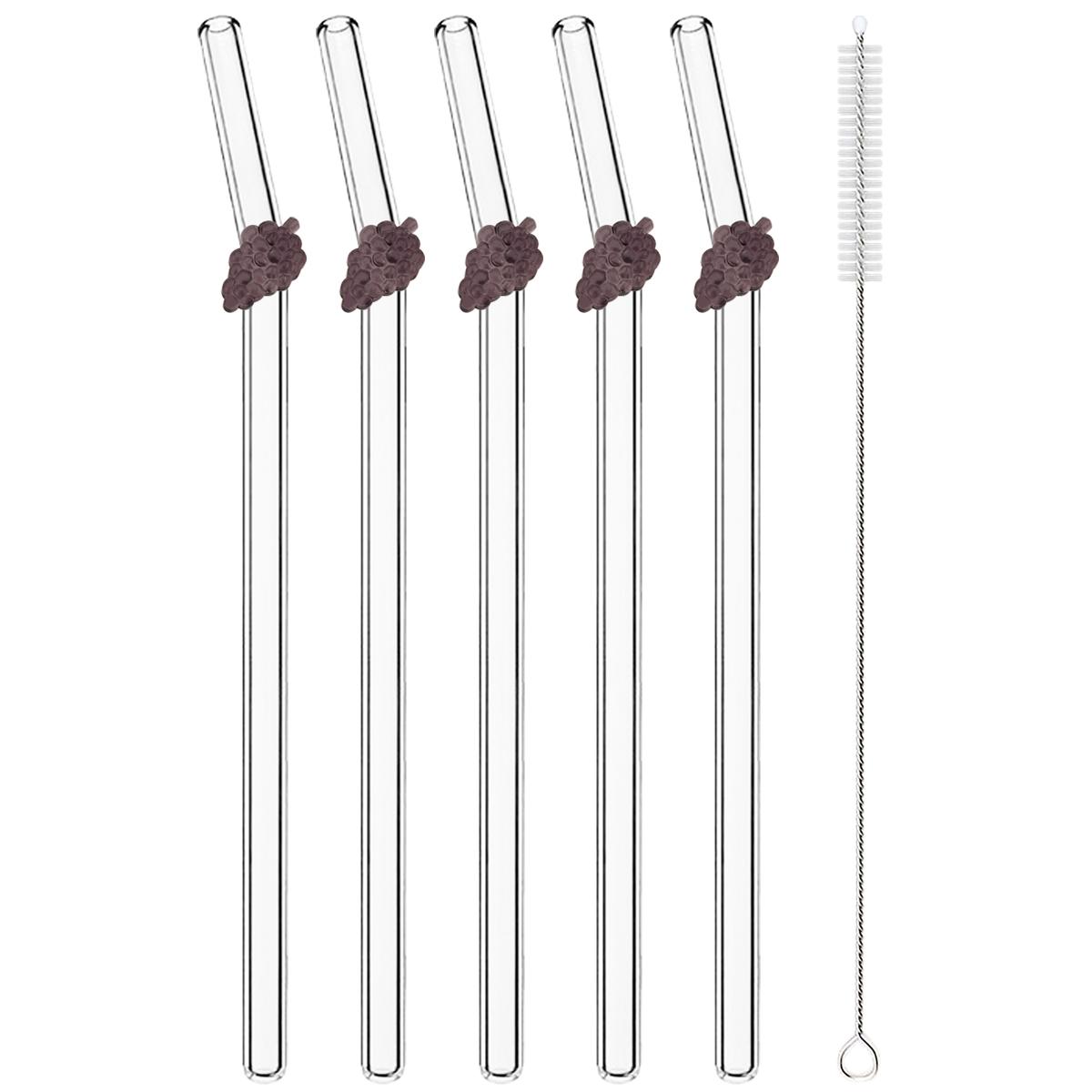 

5pcs Fruit Creative Stickers Straw High Borosilicate Glass Straw Set Milk Tea Juice Cocktail Straw with Brush Bar Accessories виноградный