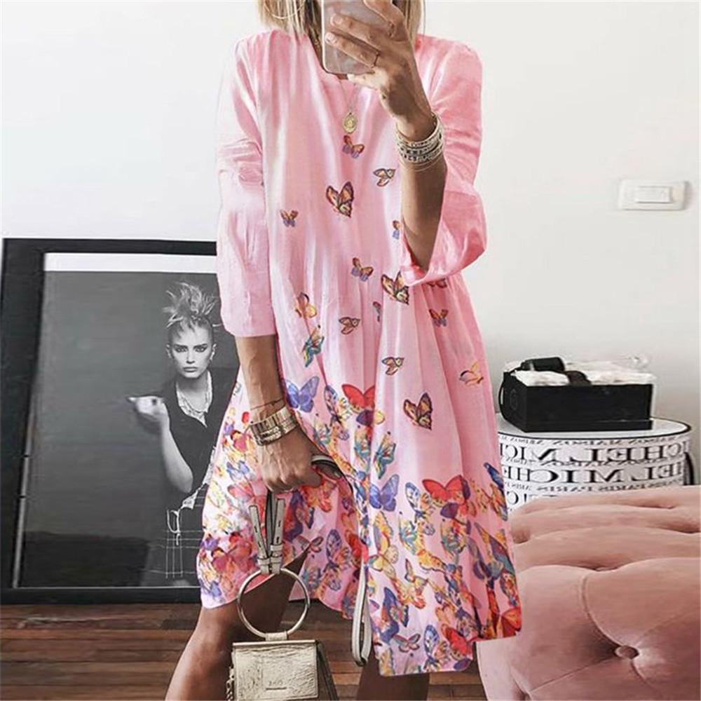 Large Size Women's Autumn Digital Printed Round Neck Long Sleeved Dress