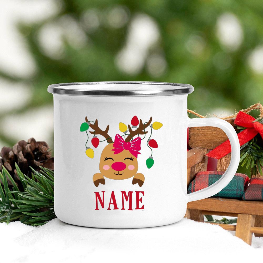 Personalized Mug Custom Deer with Name Cup Christmas Party Drink Hot Cocoa Juice Cups Handle Enamel Mugs Xmas Best Gift for Kids