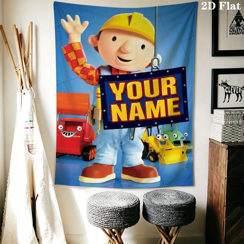 Custom Name Bob The Builder Wall Tapestry Aesthetic Wall Hanging Printed Fabric Blanket Decorative Tapestries for Bedroom Living Room Home Decor