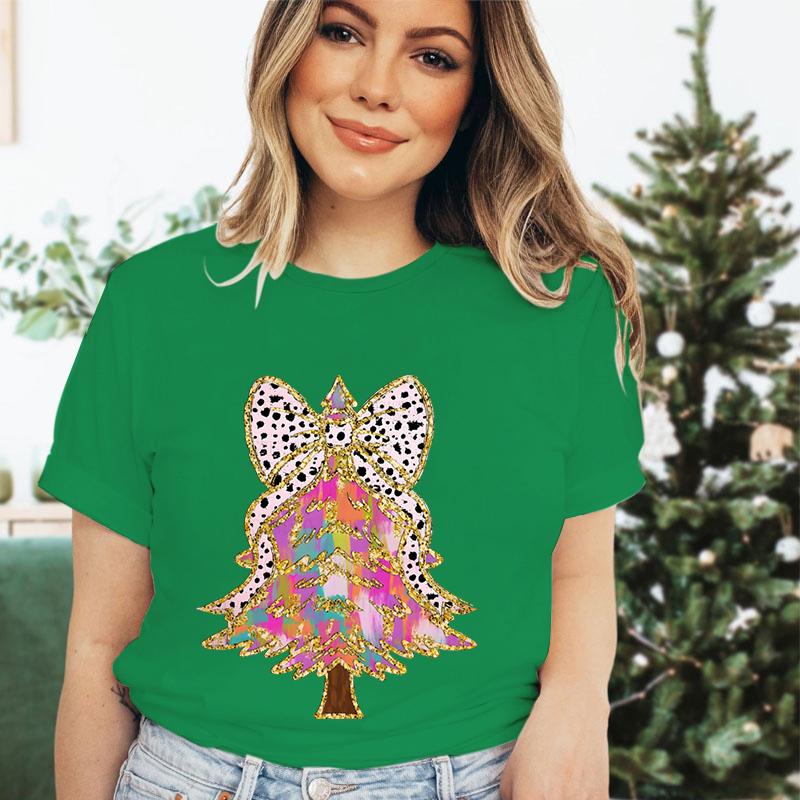 Merry Christmas Tree Design Tshirt Women Funny Festive Fashion Casual Green Tshirt Creative Xmas Tree Graphic Holiday Tops Tees