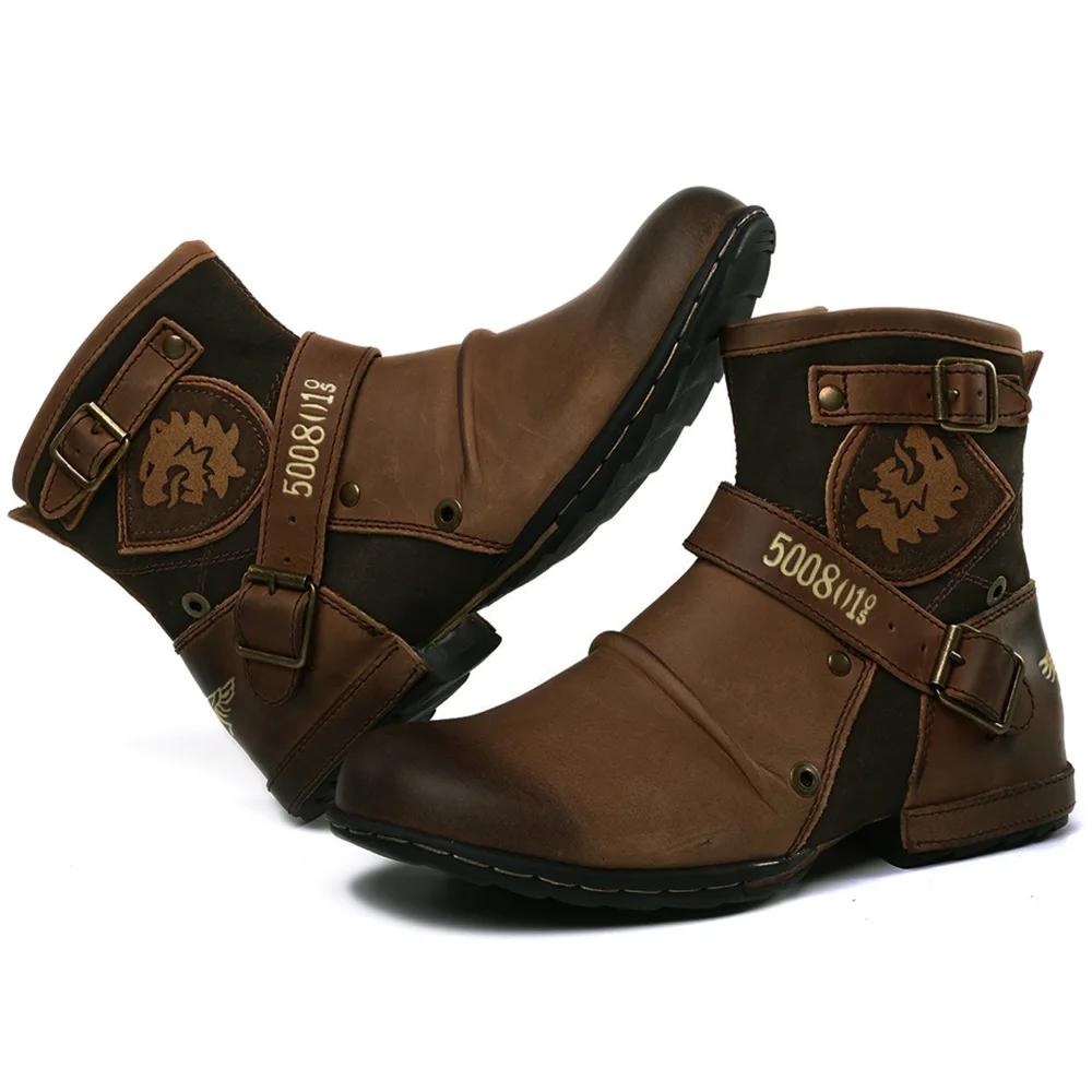 Fashion Cowboy Ankle Boots Men Zipper Up Motorcycle Boots Vintage Metal Buckle Western Shoe Outdoor Military Combat Boots Bota Masculina