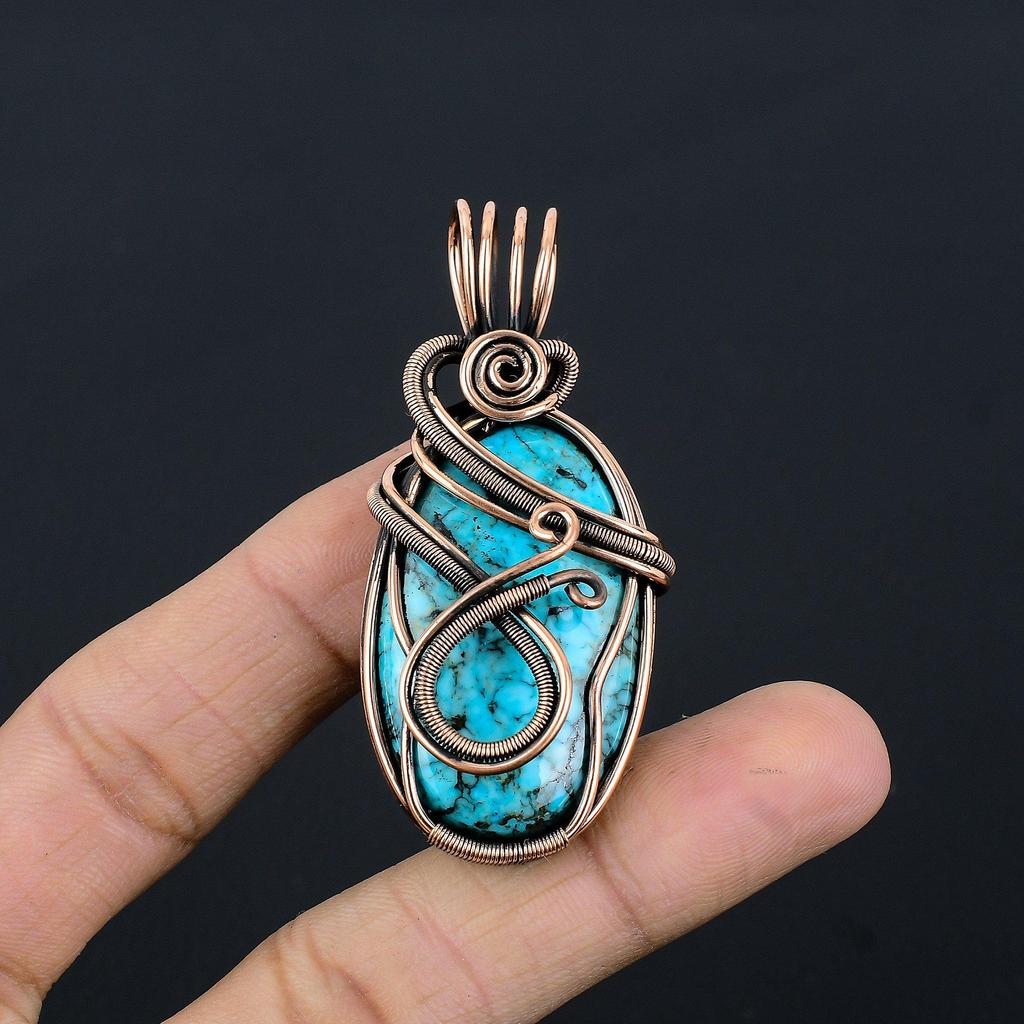 Tibetan Turquoise Pendant, 999 Copper Wire Wrapped Gemstone Jewelry, Handmade Pendant, For Thanksgiving