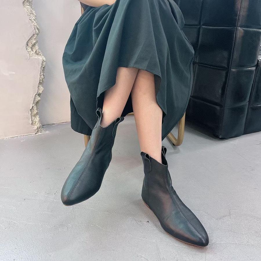 Johnature Retro Women Short Boots Genuine Leather Solid Color Shoes Handmade Round Toe Back Zipper Ankle Boots